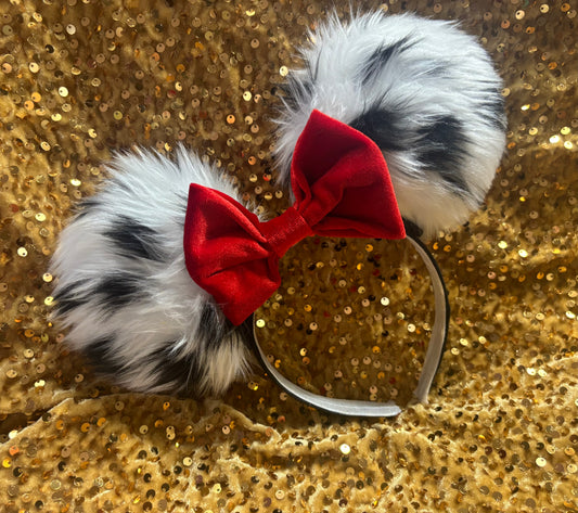 Cruella De Vil Inspired Mouse Ears | Black & White Faux Fur Red Bow Theme Park Headband