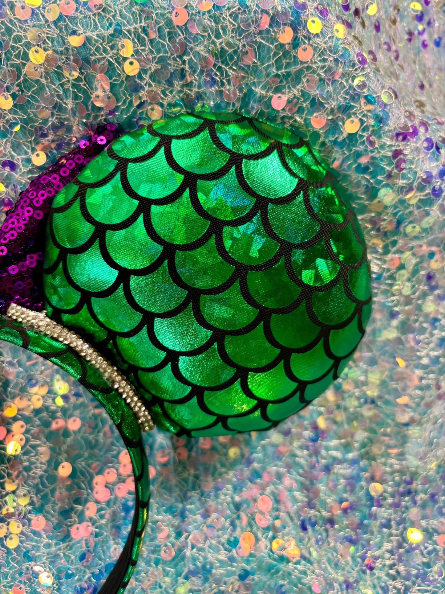 Mermaid Mouse Ears | Handmade Ariel-Inspired Disney Headband with Rhinestone Trim & Dinglehopper Bow