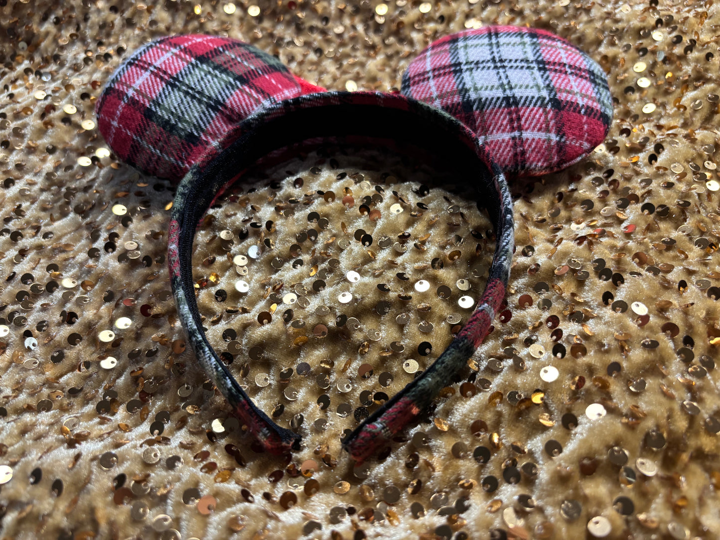 Plaid mouse ears headband with a bow.