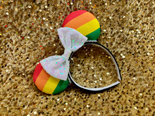Rainbow Pride Mouse Ears | LGBTQ+ Silver Trim & Iridescent Sequin Bow Headband
