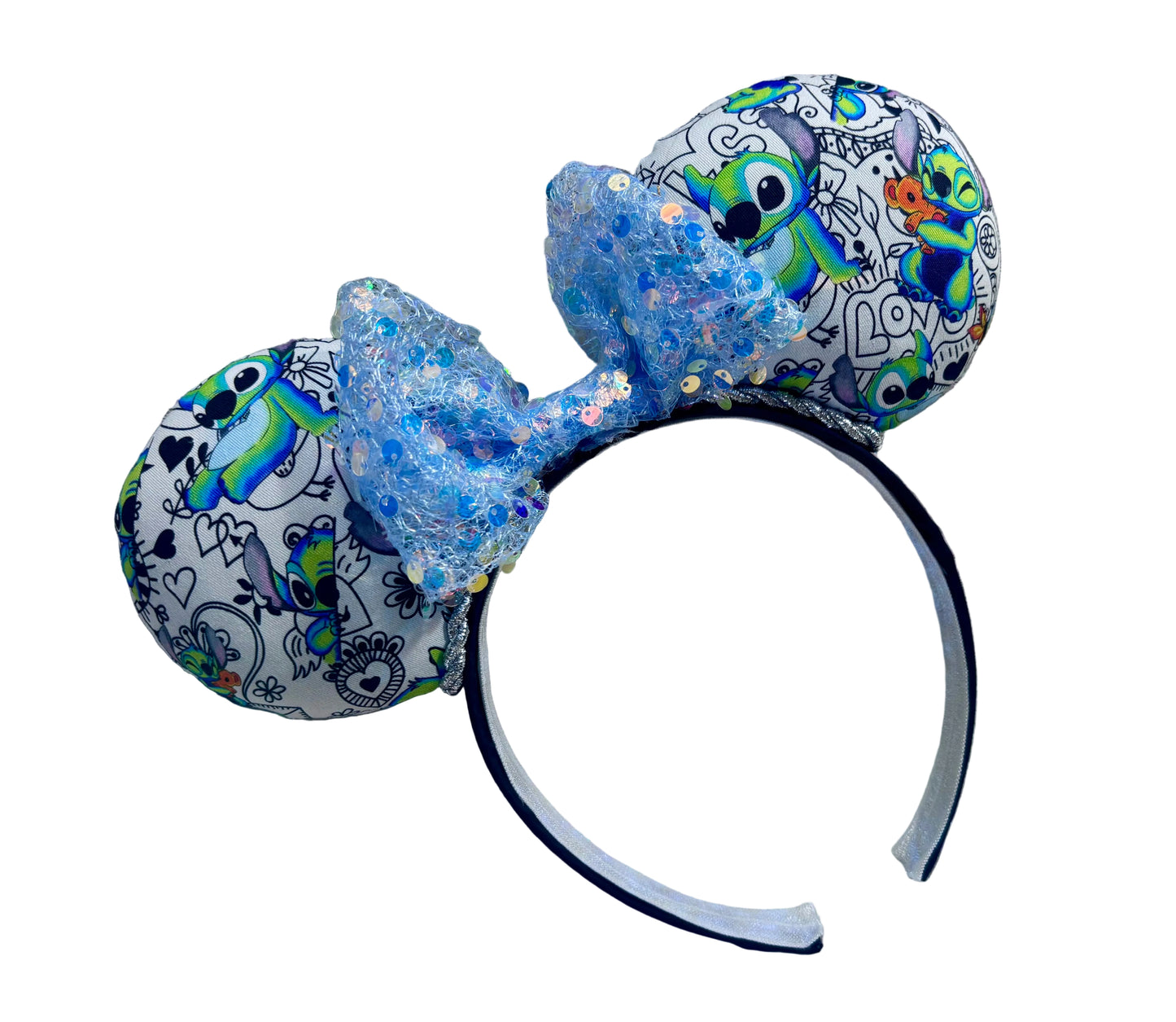 Handmade and ready to ship Mouse ears with Stitch cartoon character design and a blue sequin bow.