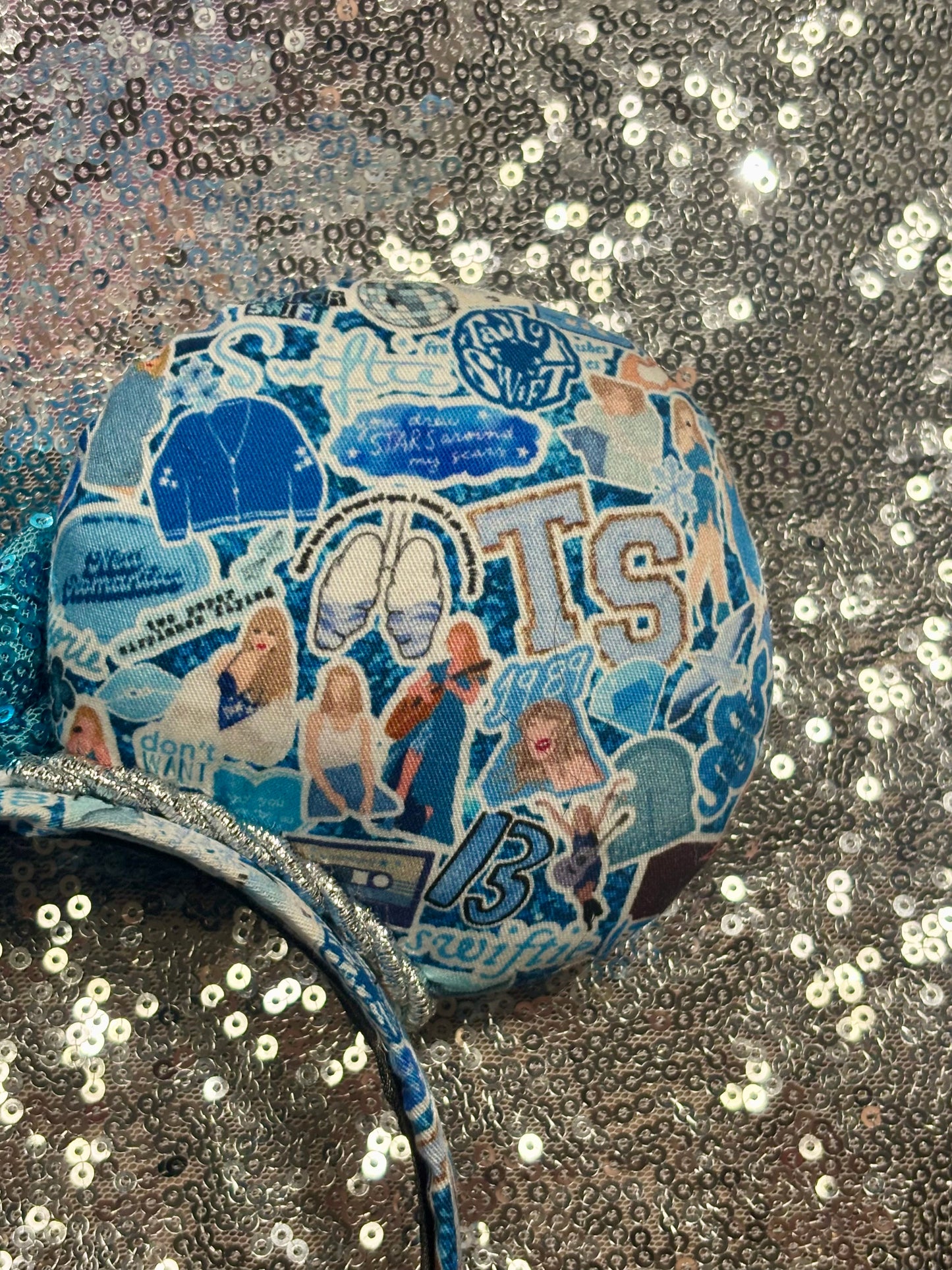 Blue Mouse Ears Headband with Silver Trim & Sequin Bow