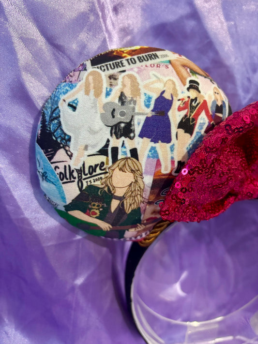 Cartoon Eras Mouse Ears | Handmade Taylor-Inspired Collage Disney Headband with Sequin Bow