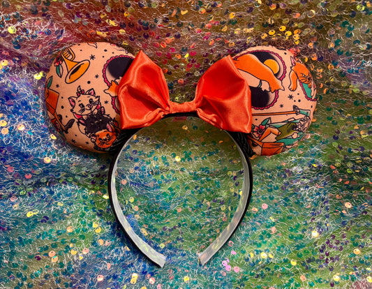 Cat Lover Mouse Ears | Floral Cat-Print Headband with Orange Bow