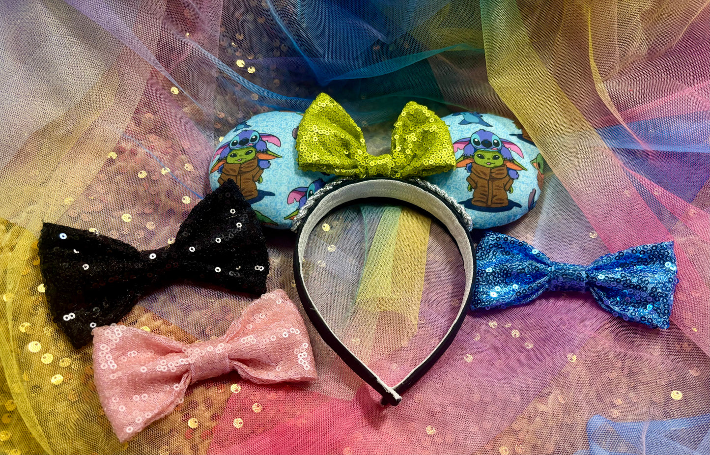 Baby Yoda & Stitch Mouse Ears | Handmade Star Wars Lilo & Stitch Disney Headband with Sequin Bow