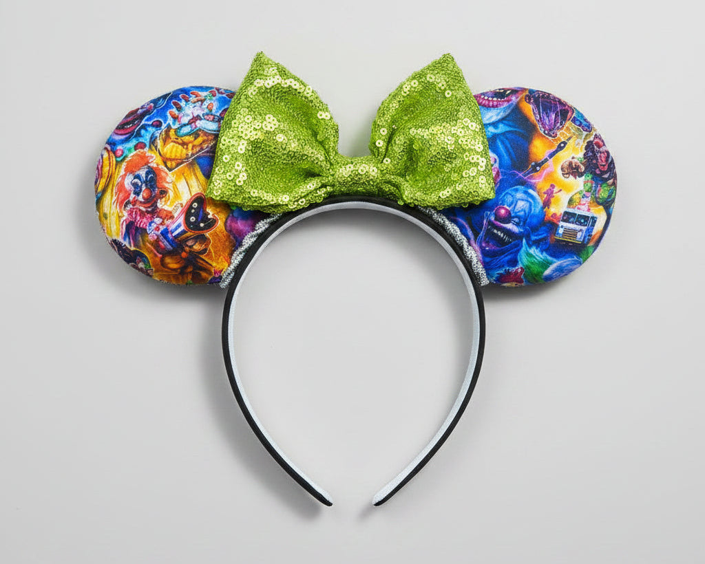 Colorful cult classic movie mouse ears with a green bow on a white background