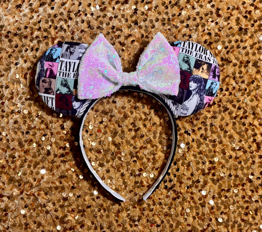 Handmade and ready to ship ERAS EARS with the fabric on both the front and back. On a black universal sized headband. The set has a WHITE IRIDECSENT sequin bow, but you can request any sequin color in your order and I'll attach it.