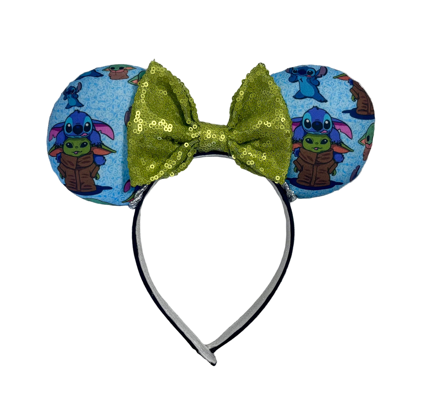 Handmade and ready to ship small friend aka Stitch and Baby Yoda Mouse ears with a lime green sequin bow. Of course, you can request any bow in sequin if you prefer and I will attach it. Shown on a white background.