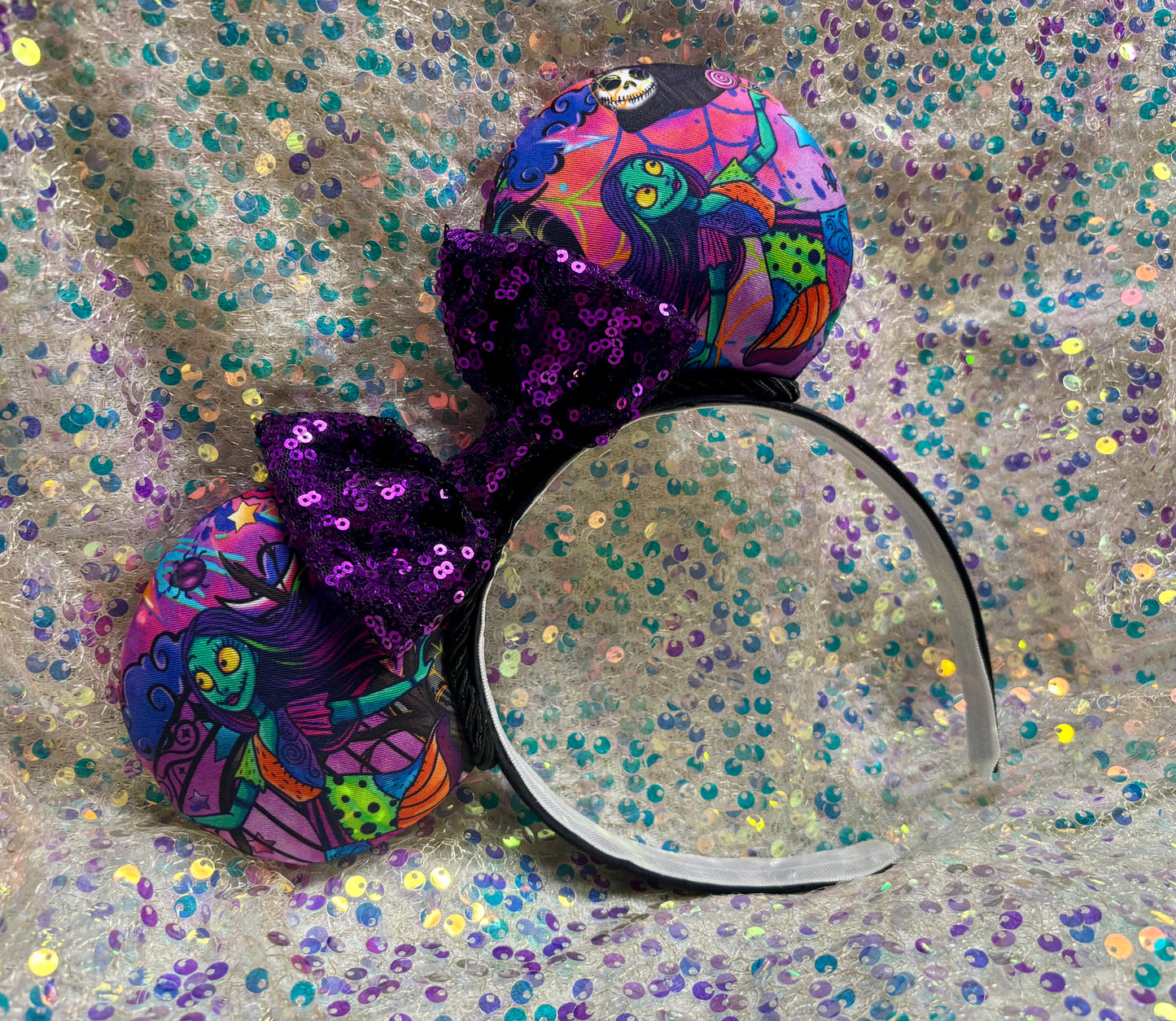 Sally Mouse Ears | Nightmare Before Christmas Patchwork Headband with Sequin Bow