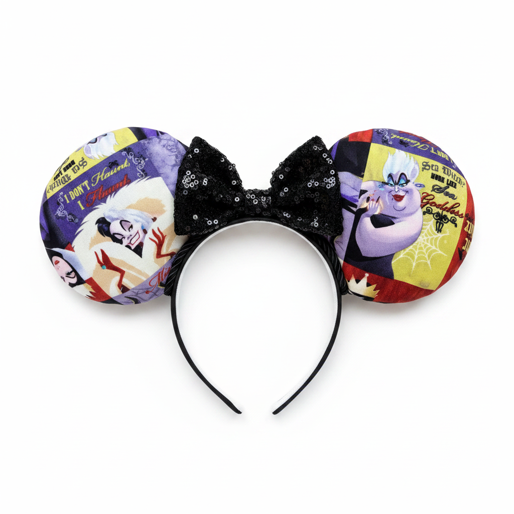 Handmade and ready to ship Villain Mouse ears with a black sequin bow, black twisted trim and on a black universal sized headband.