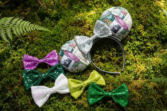 Mouse ears shown with bow color options in purple, greens, white and silver.