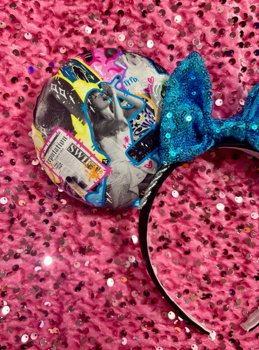 Neon Fortnight Mouse Ears - Taylor Swift Inspired Headband with Blue Sequin Bow