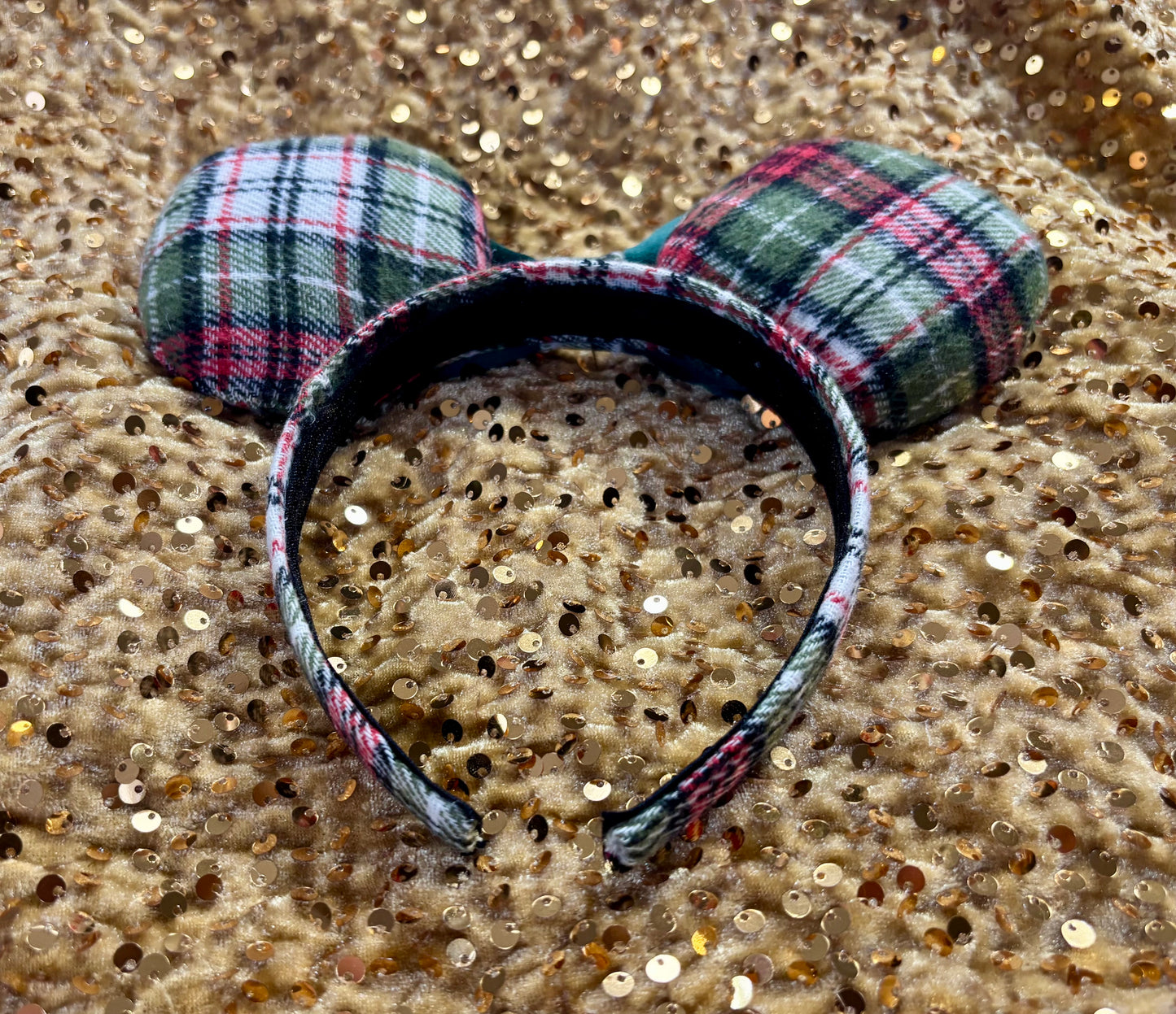 Green Christmas Plaid Mouse Ears - Holiday Headband with Hunter Green Velvet Bow