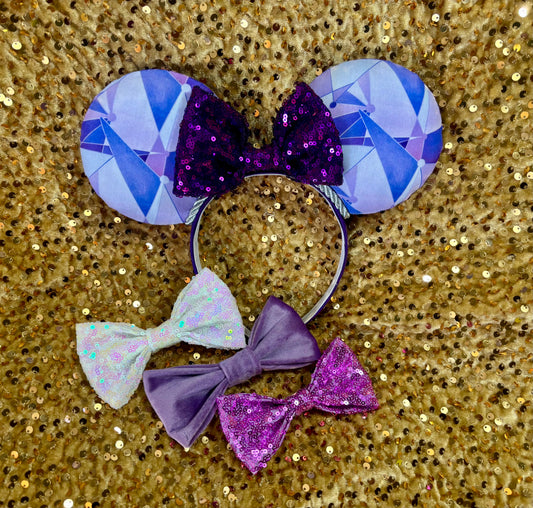 Handmade and ready to ship Purple Wall Mouse ears with a purple sequin bow, silver twisted trim and on a black universal sized headband. Shown with bow options if you would prefer a different bow. Just leave a note in your order.