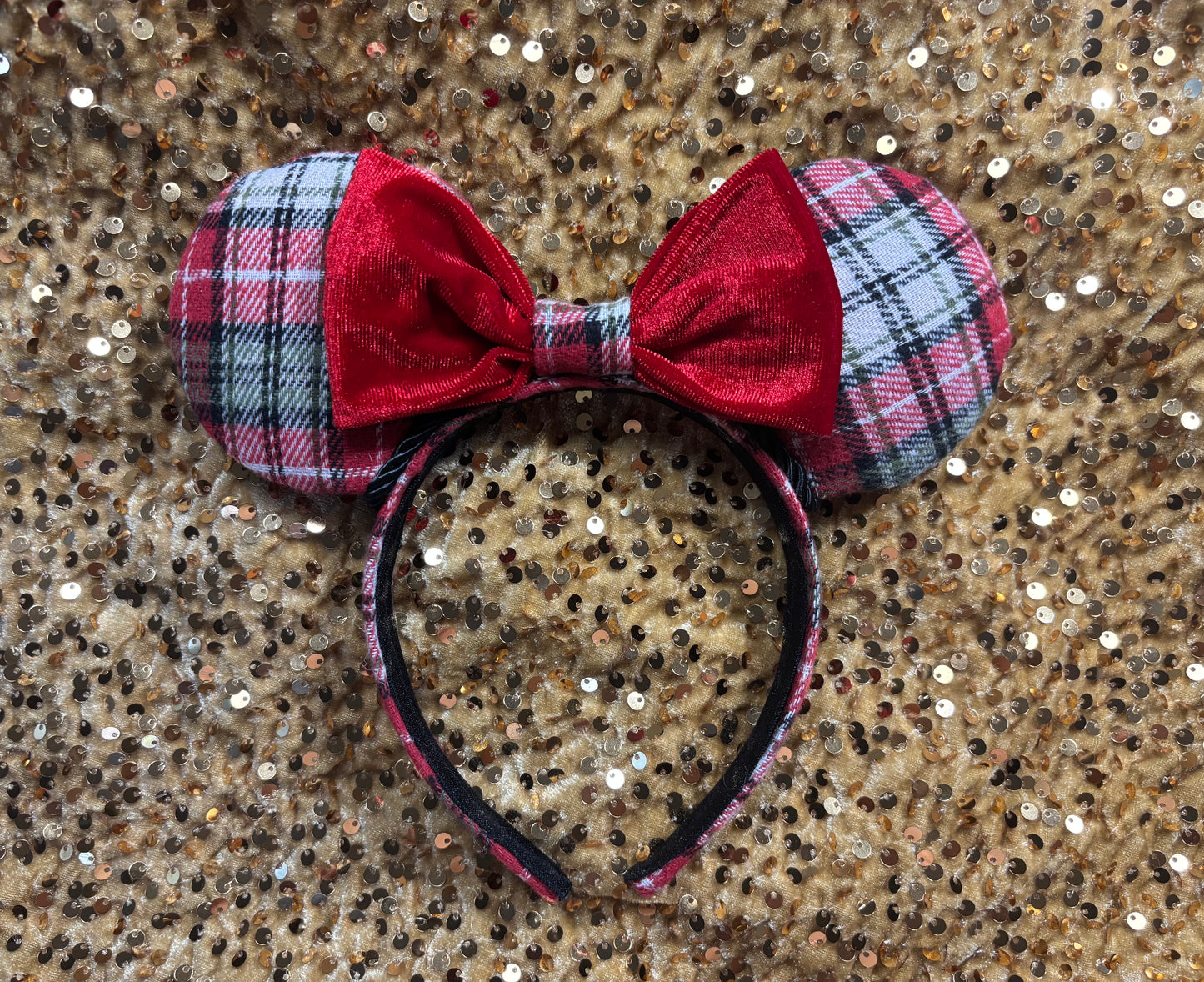 Red Christmas Plaid Mouse Ears - Holiday Headband with Velvet Bow