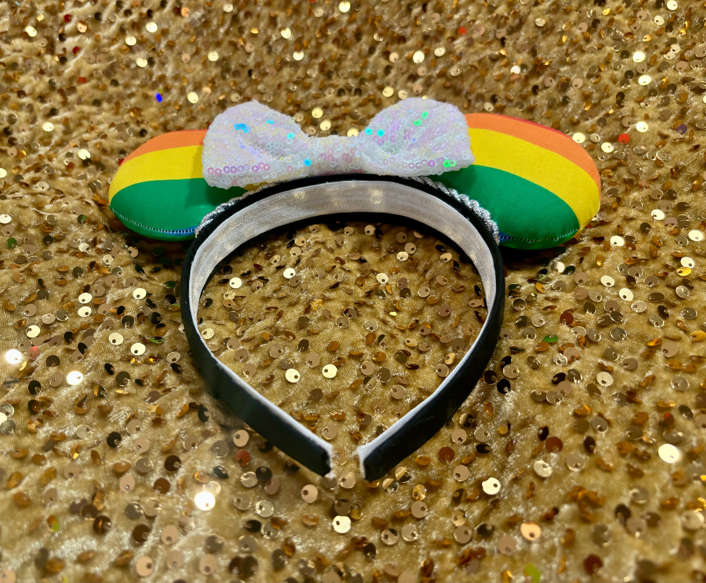 Rainbow Pride Mouse Ears | LGBTQ+ Silver Trim & Iridescent Sequin Bow Headband