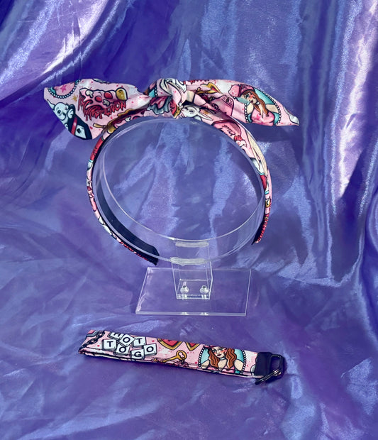 Handmade and ready to ship twisted bow headband and keychain wristlet. Both have Chappell inspired fabric on them. front and backs.