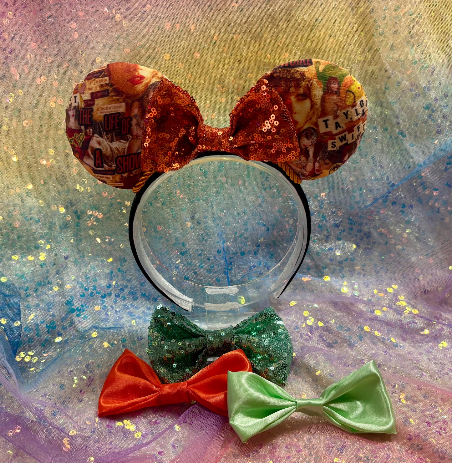 Showgirl Collage Mouse Ears | LOAS Inspired Orange Satin Bow Theme Park Headband
