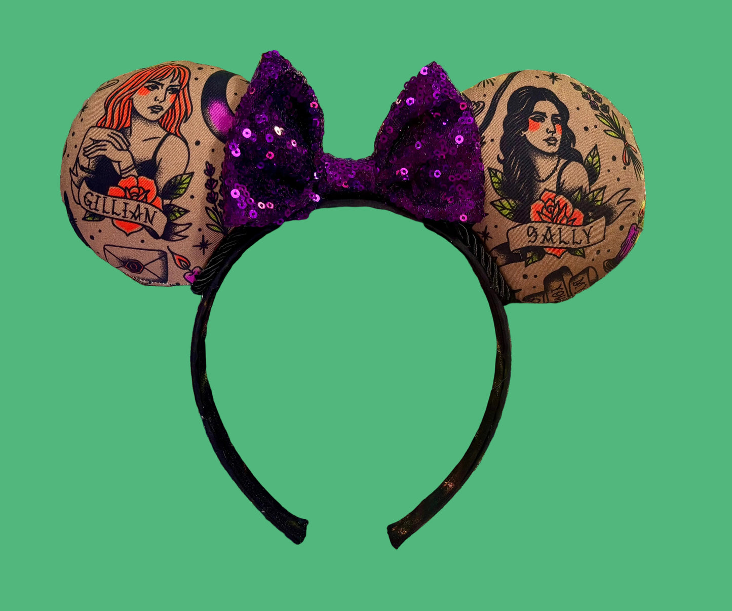 Handmade and ready to ship Practically Magical Mouse ears with the fabric on the ears, front and back and a purple sequin bow. The headband is a universal sized headband and has black poly cotton fabric on it.