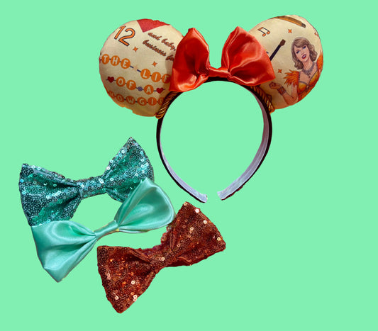 Handmade and ready to ship Ophelia Mouse ears with TS images on the ears along with TLOAS with an orange satin bow, orange twisted trim and on a black universal sized headband. Shown with other bow options in case you would prefer a different bow. If so, just write me a note in your order and I will attach the bow you want.
