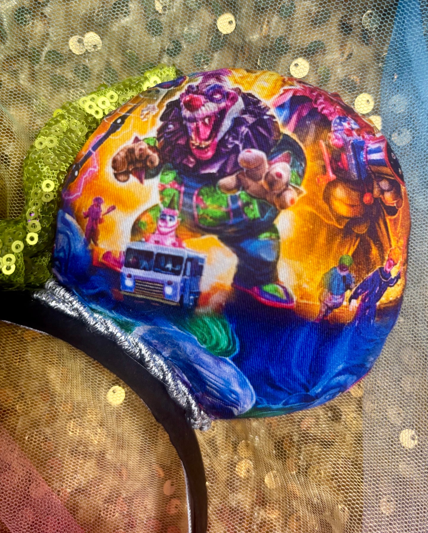 Killer Klowns Mouse Ears | Handmade Horror-Inspired Disney Headband with Lime Green Sequin Bow