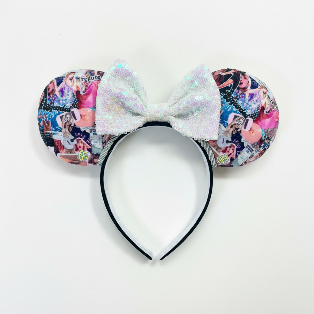 Handmade and ready to ship Bejeweled themed mouse ears with a white iridescent sequin bow. Images of TS are on fabric front and back on a universal sized poly cotton headband.