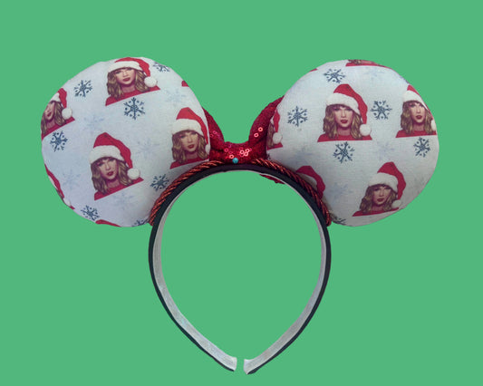 Back view of mouse ears with Tay Santas on fabric. Made and ready to ship,