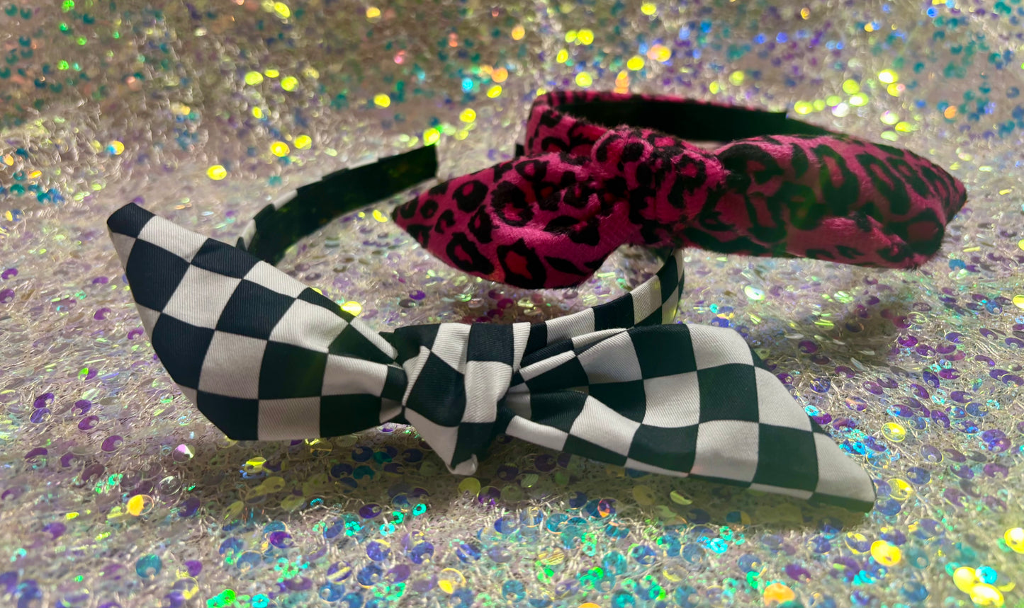 Checkered Animal Print Knotted Bow Headband Bundle – Handmade 2-Pack