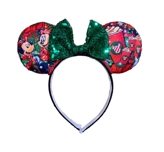 Handmade and ready to ship mouse ears with Cartoon characters and coffee cups on the fabric front and back. Set and handstitched to a universal sized headband. Default bow is green, but you can write a note and request any other color if you prefer.