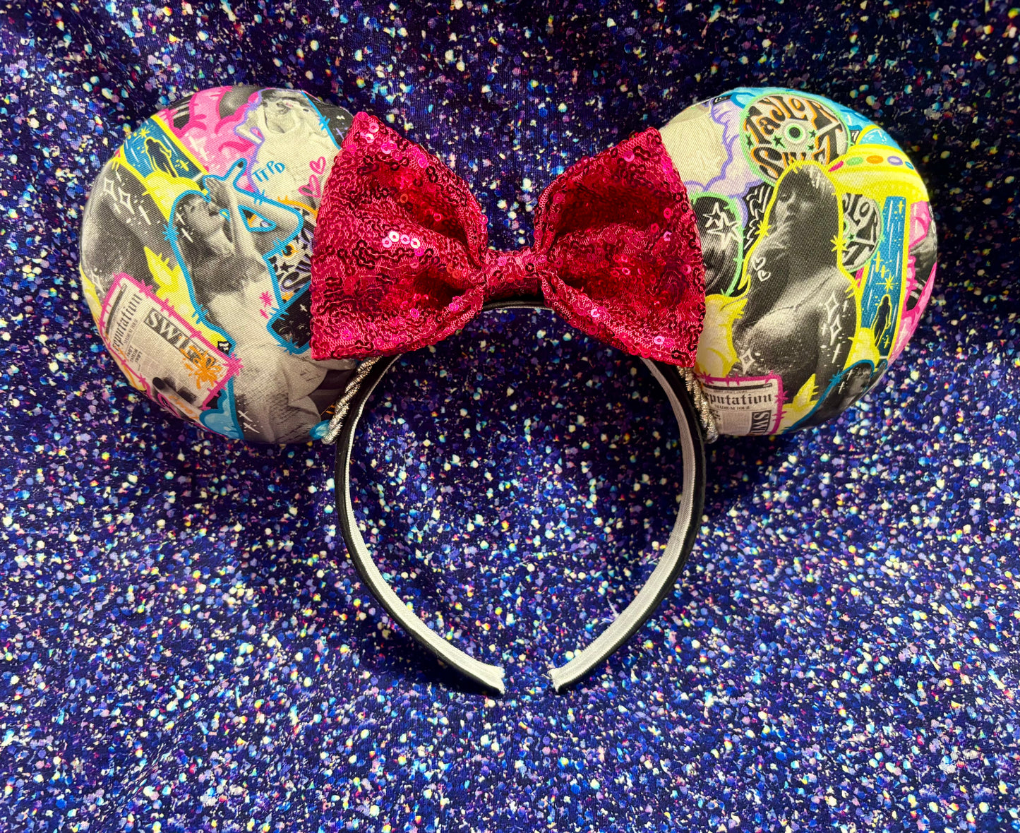 Neon Fortnight Mouse Ears - Taylor Swift Inspired Headband with Blue Sequin Bow