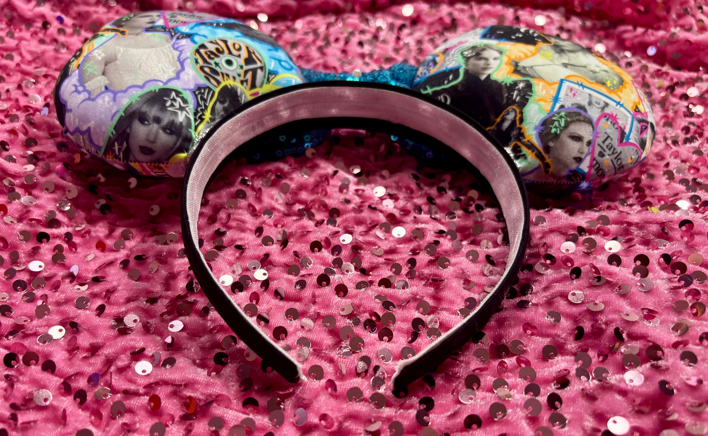 Handmade and ready to ship. Fabric images inspired by Tay and the fortnight video is on the front and back with a sequin bow. Shown on a hot pink background.