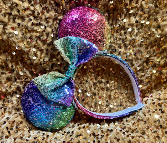 Rainbow Sequin Mouse Ears – Handmade Pride Disney Ear Headband | Sparkle Sequin Bow