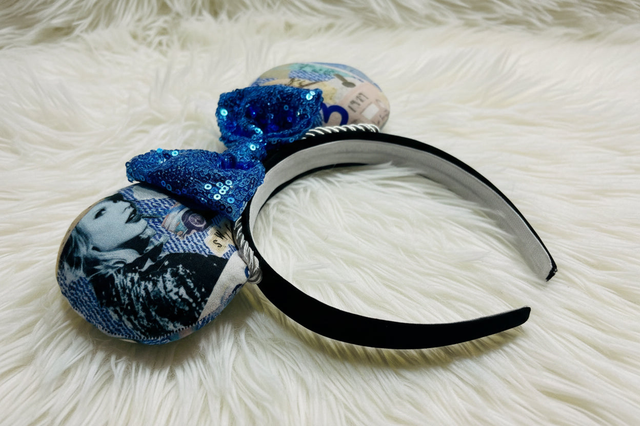 An angled view of the headband showing the black headband and inner lining on it as well.