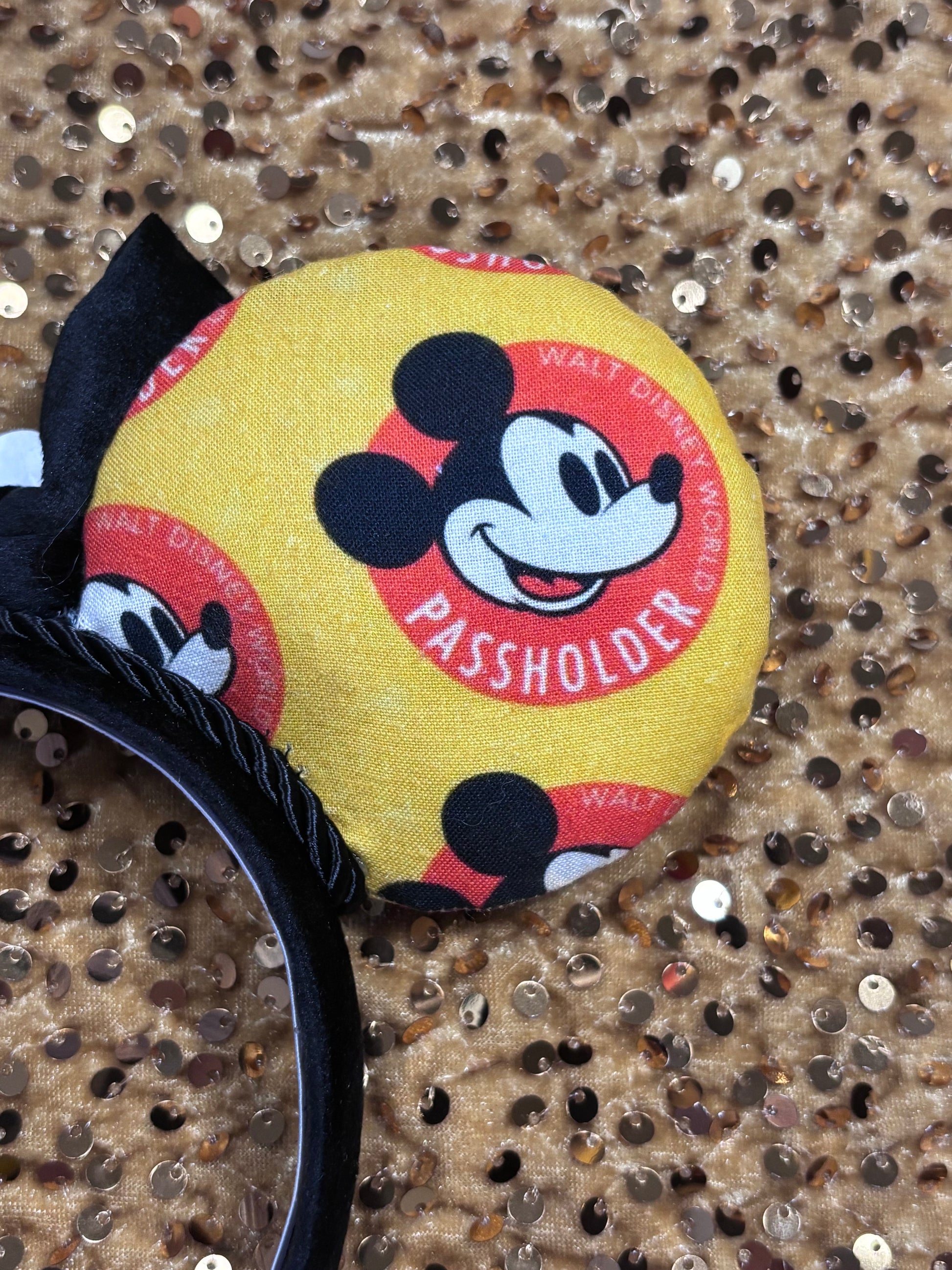 close up of back of mouse ear on headband.