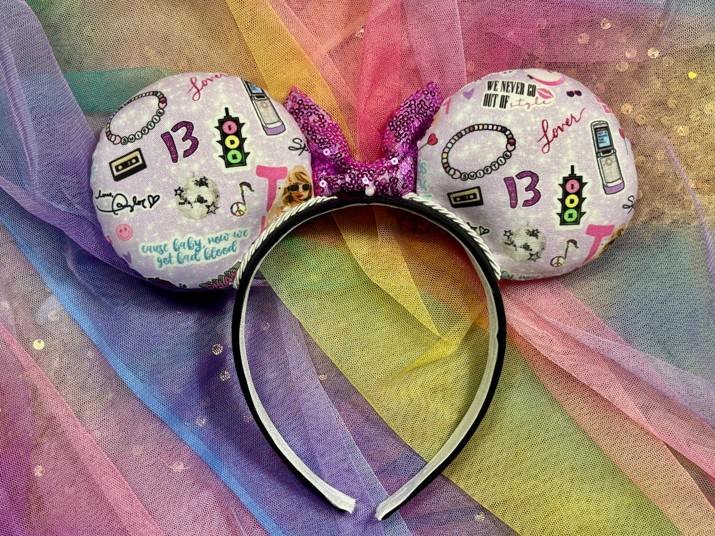Lilac Taylor Swift Collage Mouse Ears – Handmade Disney-Inspired Headband with Purple Sequin Bow