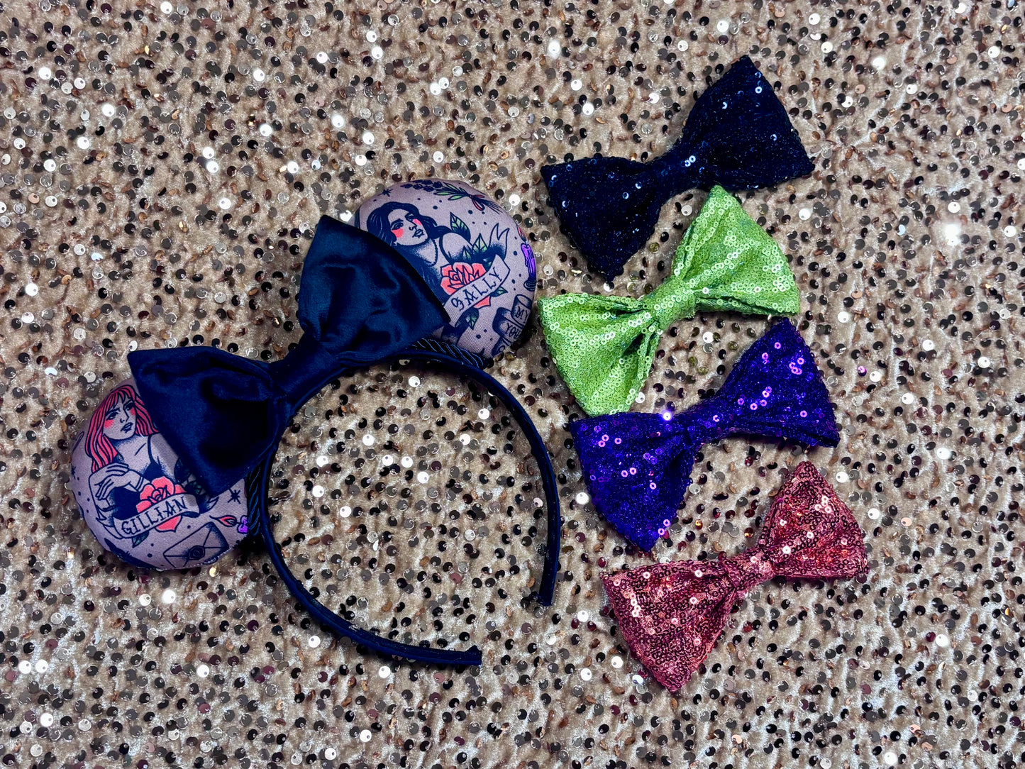 Practically Magical Sisters on the ears, Black velvet bow on the headband with tattoo-style mouse ears of Gil and Sal. If you prefer a sequin bow, I have most colors. Just ask in your order.
