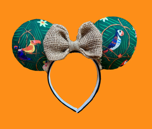 Handmade, made and ready to ship. TIKI inspired Mouse ear headband with burlap bow and bird-themed ears.