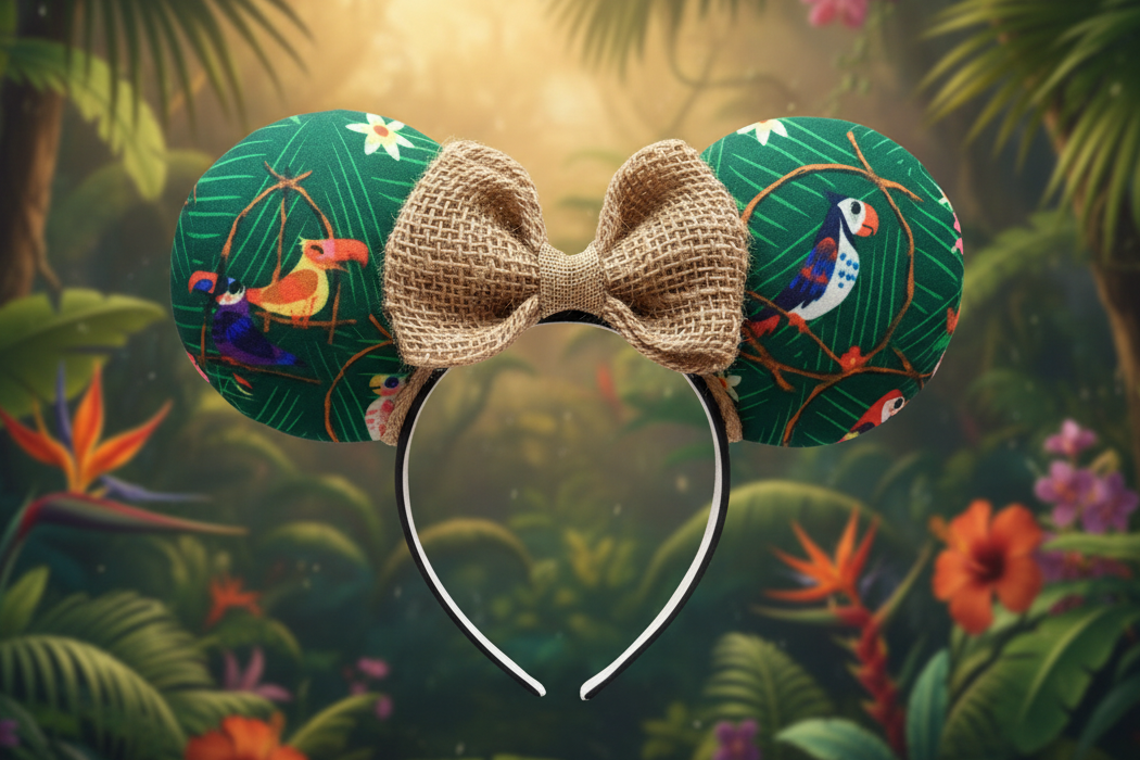 Decorative headband with green floral tiki room bird design and beige burlap bow. Shown on a jungle background