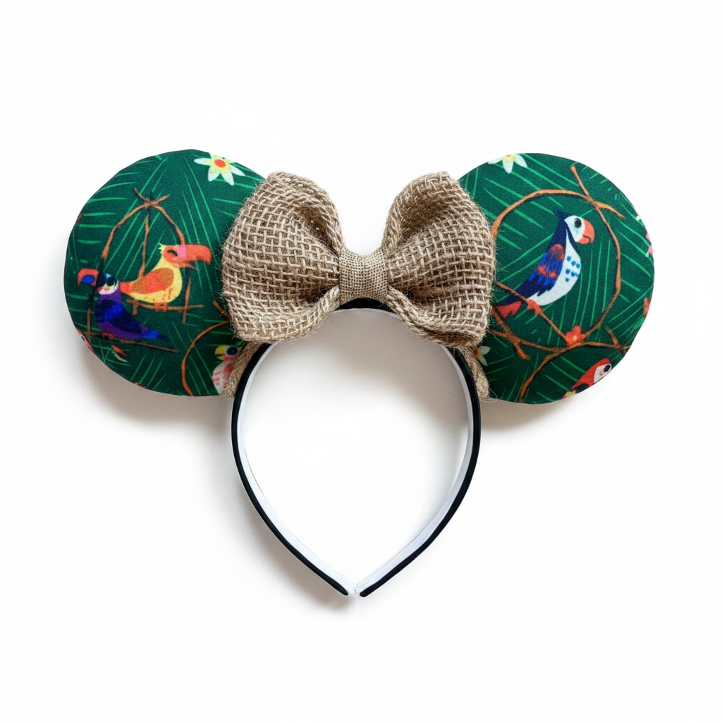 Handmade, made and ready to ship. TIKI inspired Mouse ear headband with burlap bow and bird-themed ears.