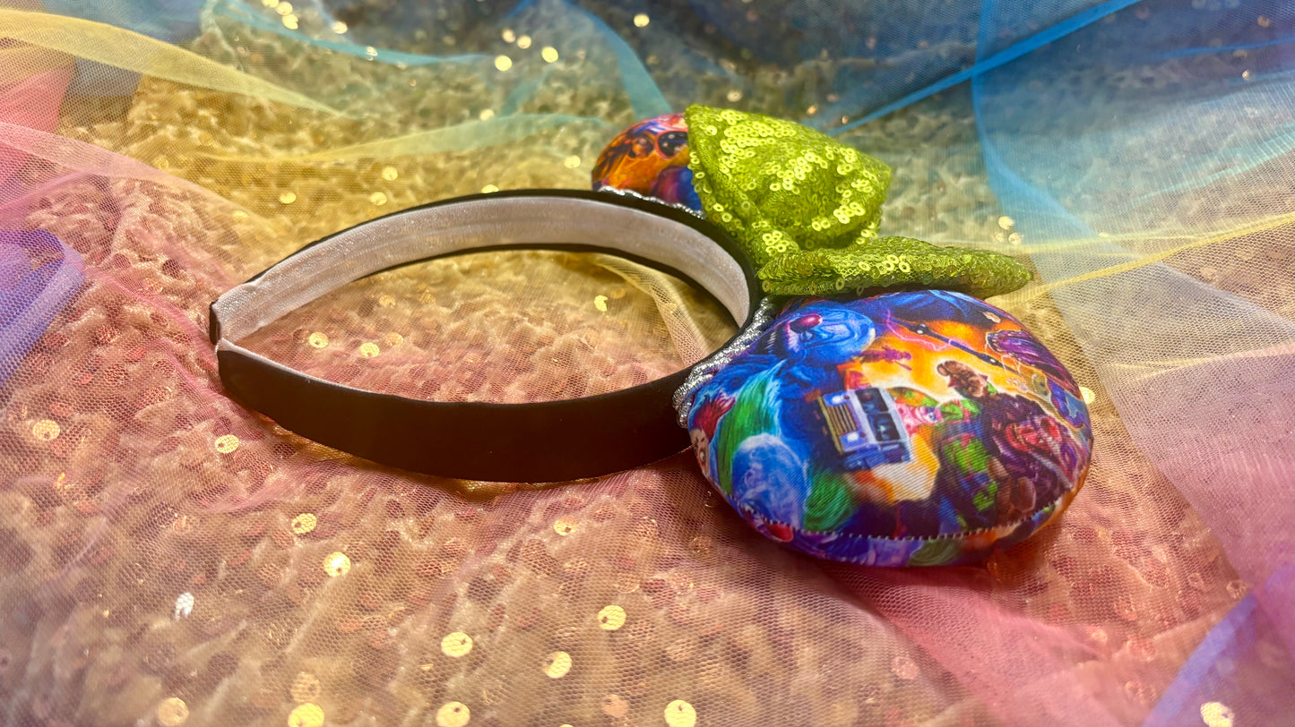 Killer Klowns Mouse Ears | Handmade Horror-Inspired Disney Headband with Lime Green Sequin Bow