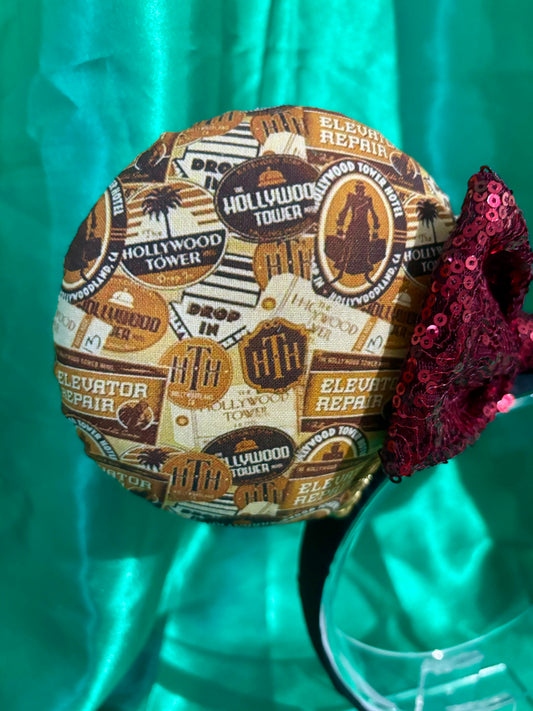 Tower of Terror Inspired Mouse Ears – Handmade Halloween Disney Headband | Maroon Sequin Bow