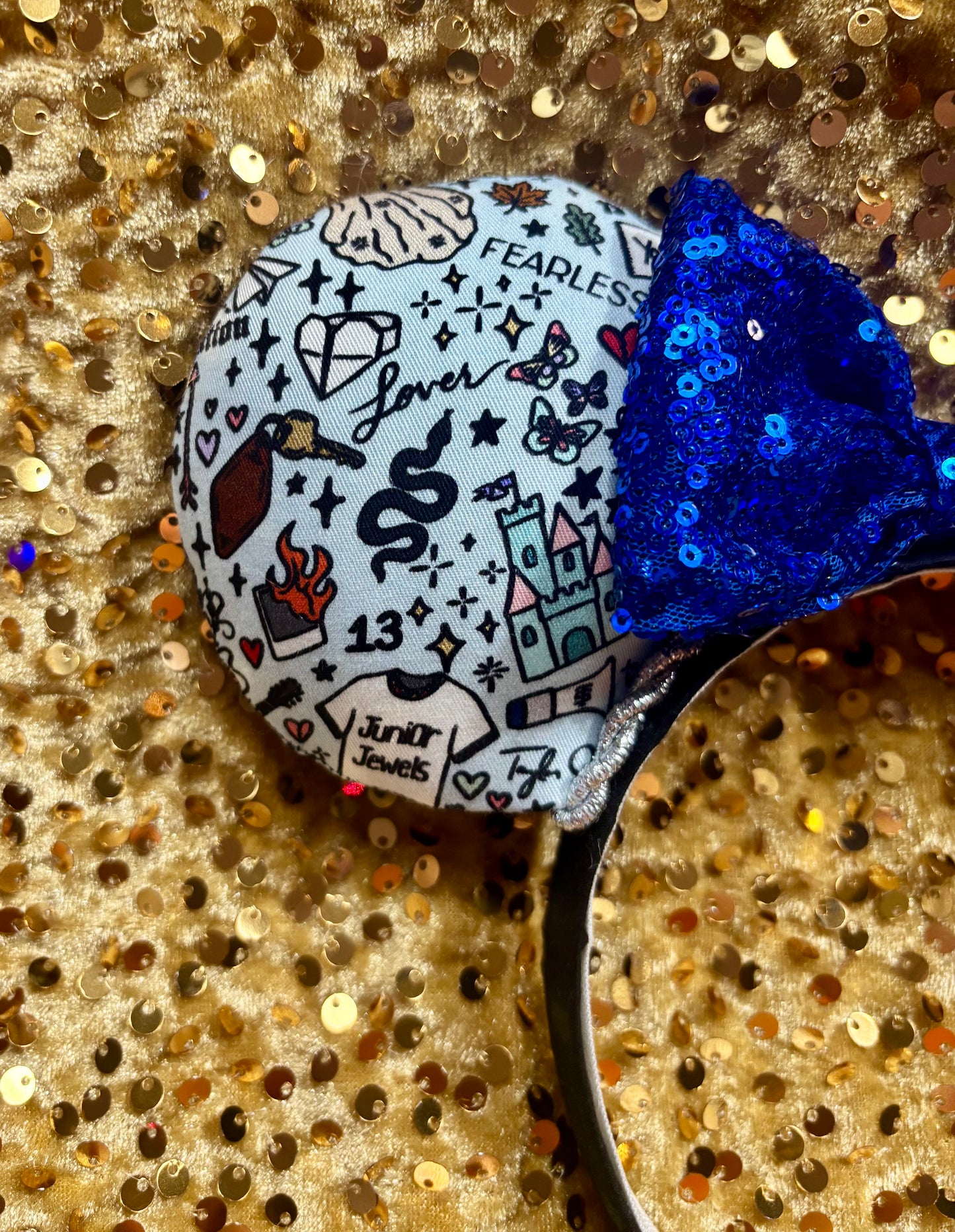 Tay Doodles Mouse Ears | Handmade Taylor-Inspired Doodle Disney Headband with Blue Sequin Bow