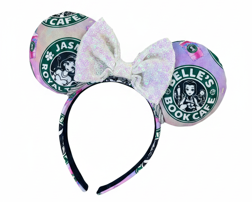 Handmade and ready to ship custom ears with popular coffee themed with princesses on fabric. White iridescent bow and silver twisted trim on a universal sized headband with matching design as the mouse ears.