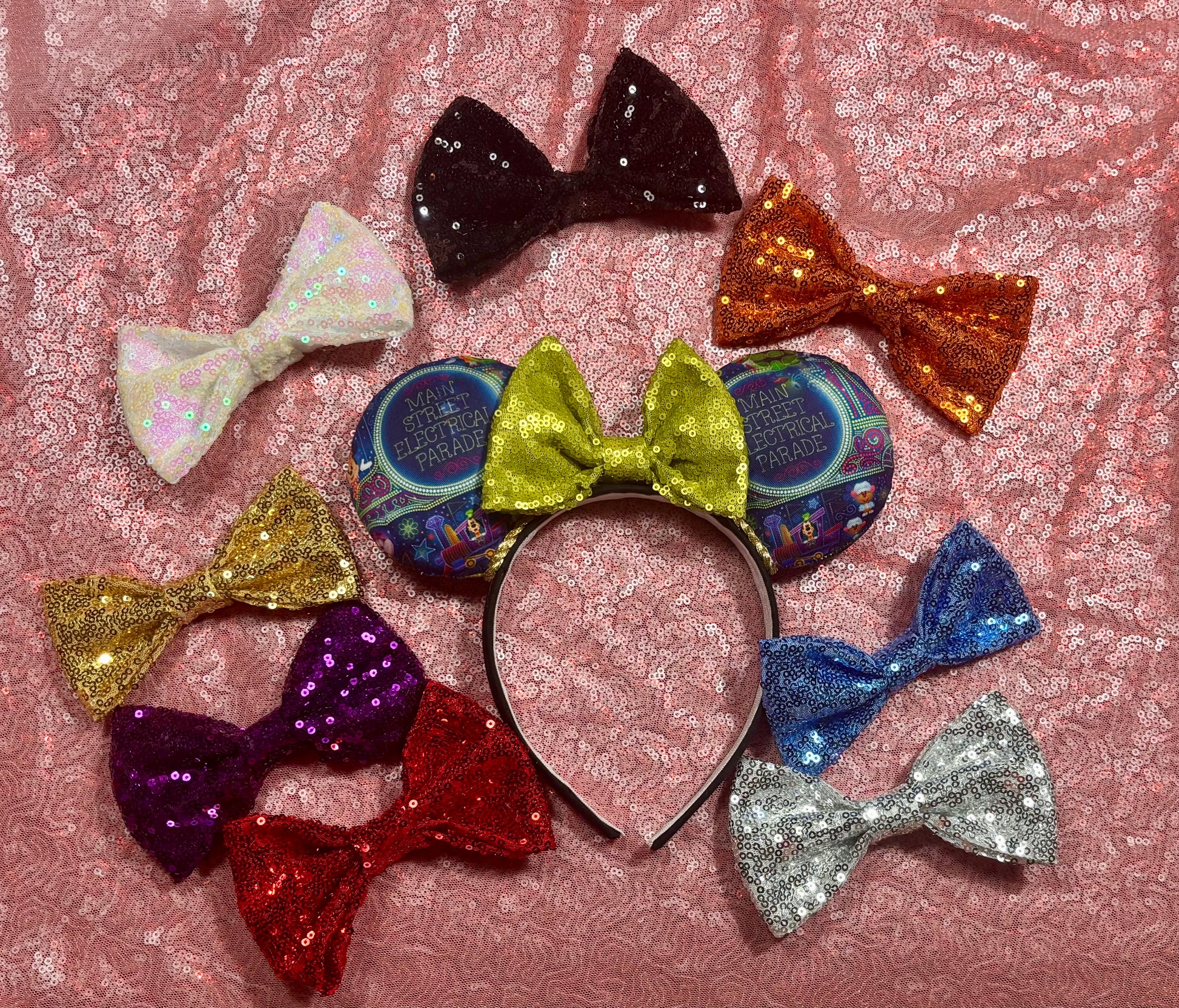 Handmade and ready to ship mouse ears. Mouse ears are on a universal sized poly cotton headband and set comes with a lime green sequin bow. Other colors are available if you leave a note.