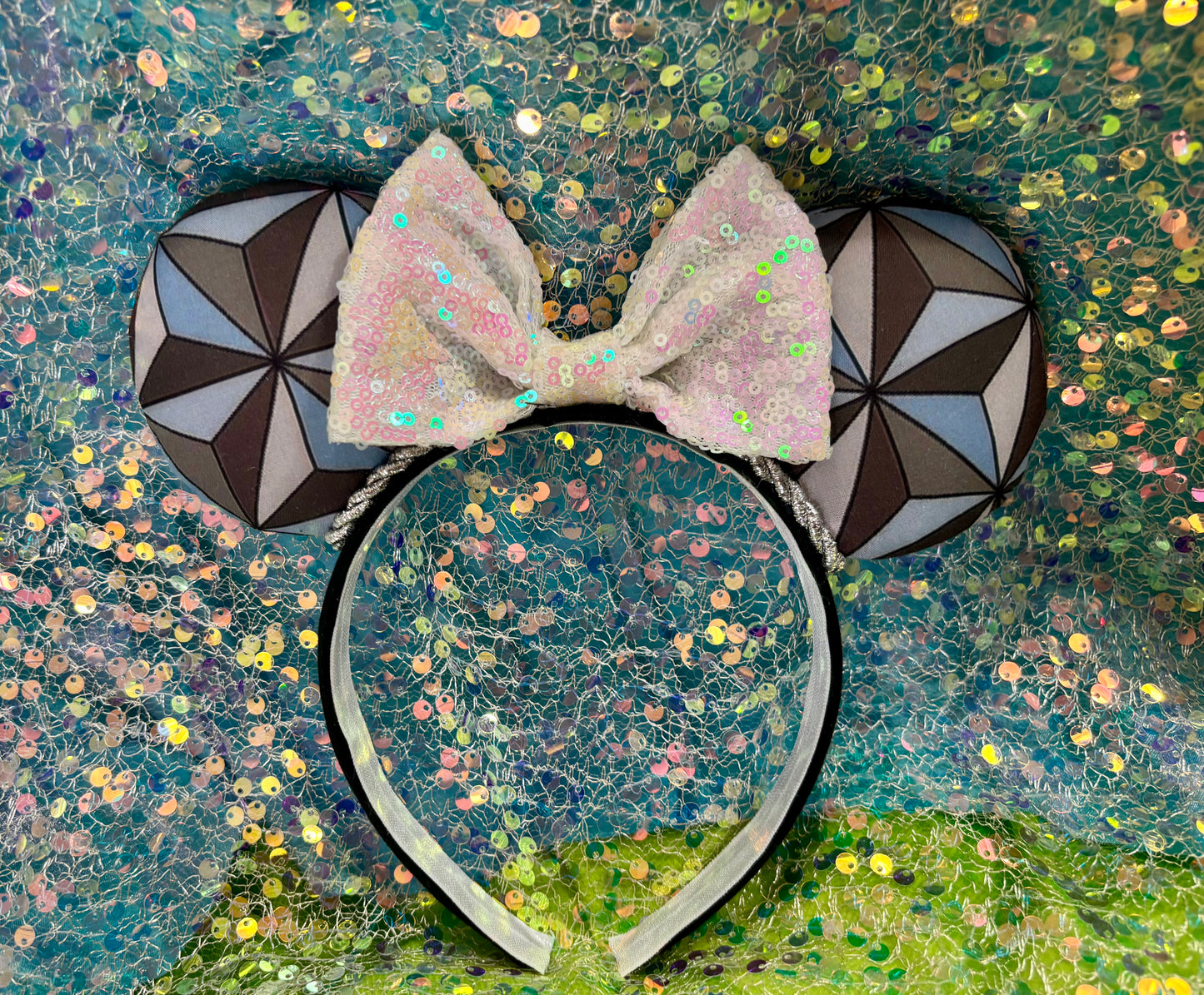 Epcot Inspired Mouse Ears | Handmade Spaceship Earth Disney Headband with Iridescent Sequin Bow