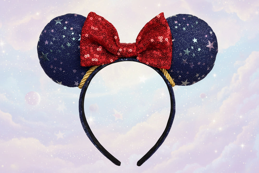 Sorcerer Mickey Inspired Mouse ears are blue and sparkly with a red sequin bow with gold twisted trim. Shown on a light blue background