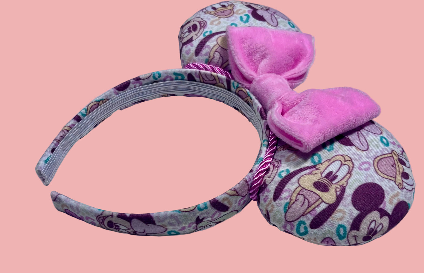 Pink and Leopard print with the fab 5 Mouse ears headband from a side view 