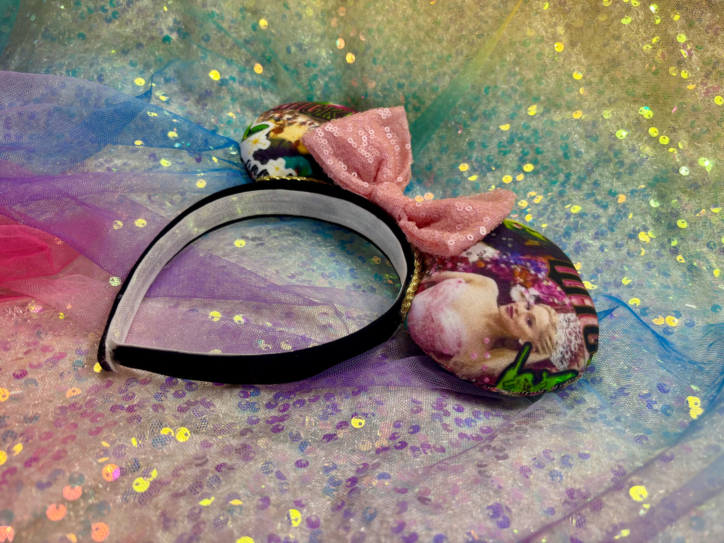 Wicked Collage Mouse Ears – Elphaba & Glinda Inspired Handmade Disney Headband | Pink Sequin Bow