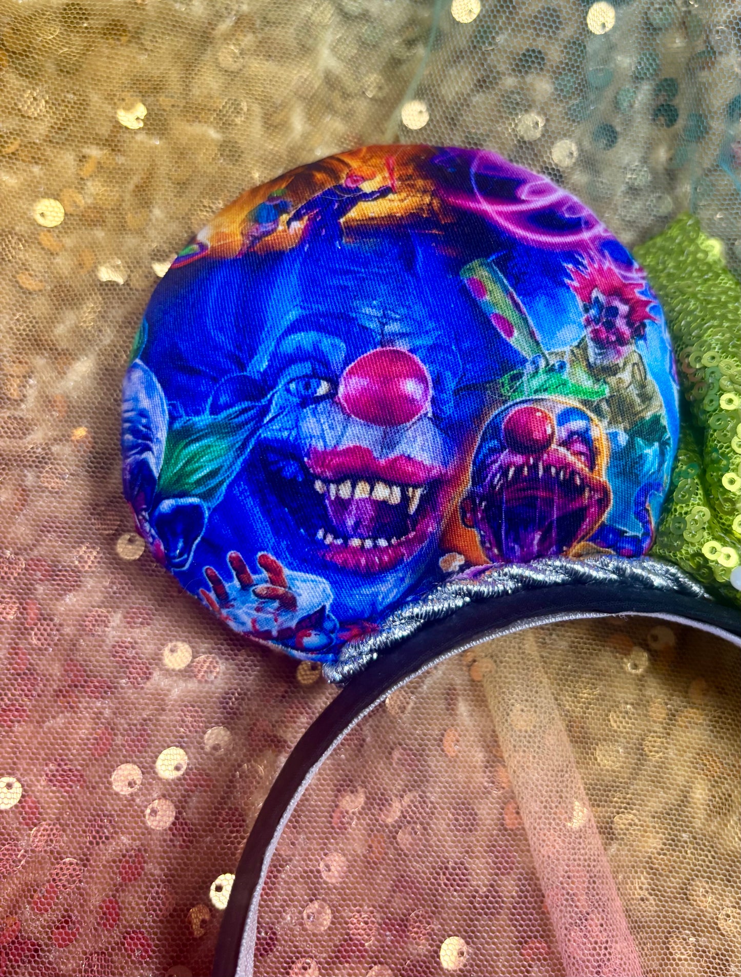 Killer Klowns Mouse Ears | Handmade Horror-Inspired Disney Headband with Lime Green Sequin Bow
