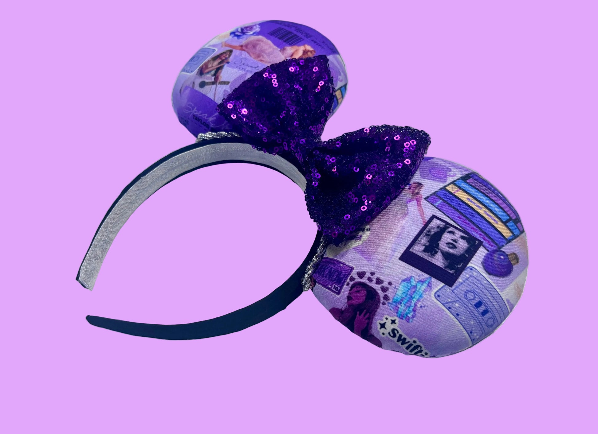 Handmade and ready to ship Tay inspired Mouse ears with the fabric on the ears, front and back and the bow is purple sequins. The headband is a universal sized headband and has black poly cotton fabric on it.